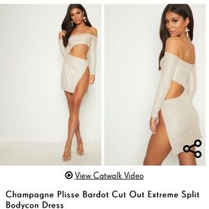champagne plisse bardot cut out extreme split bodycon dress